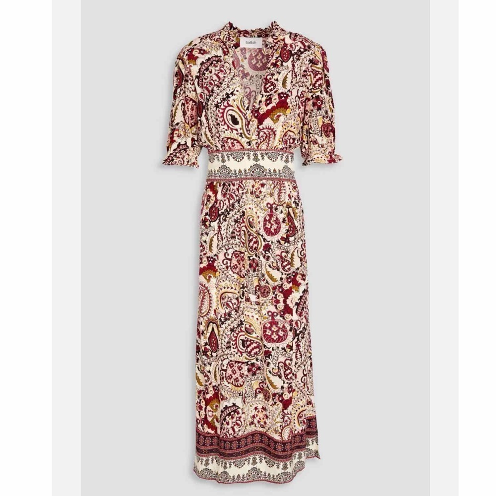 Ba&sh Zael Paisley Print Split Neck Short Sleeve Midi Dress Size US 2 XS